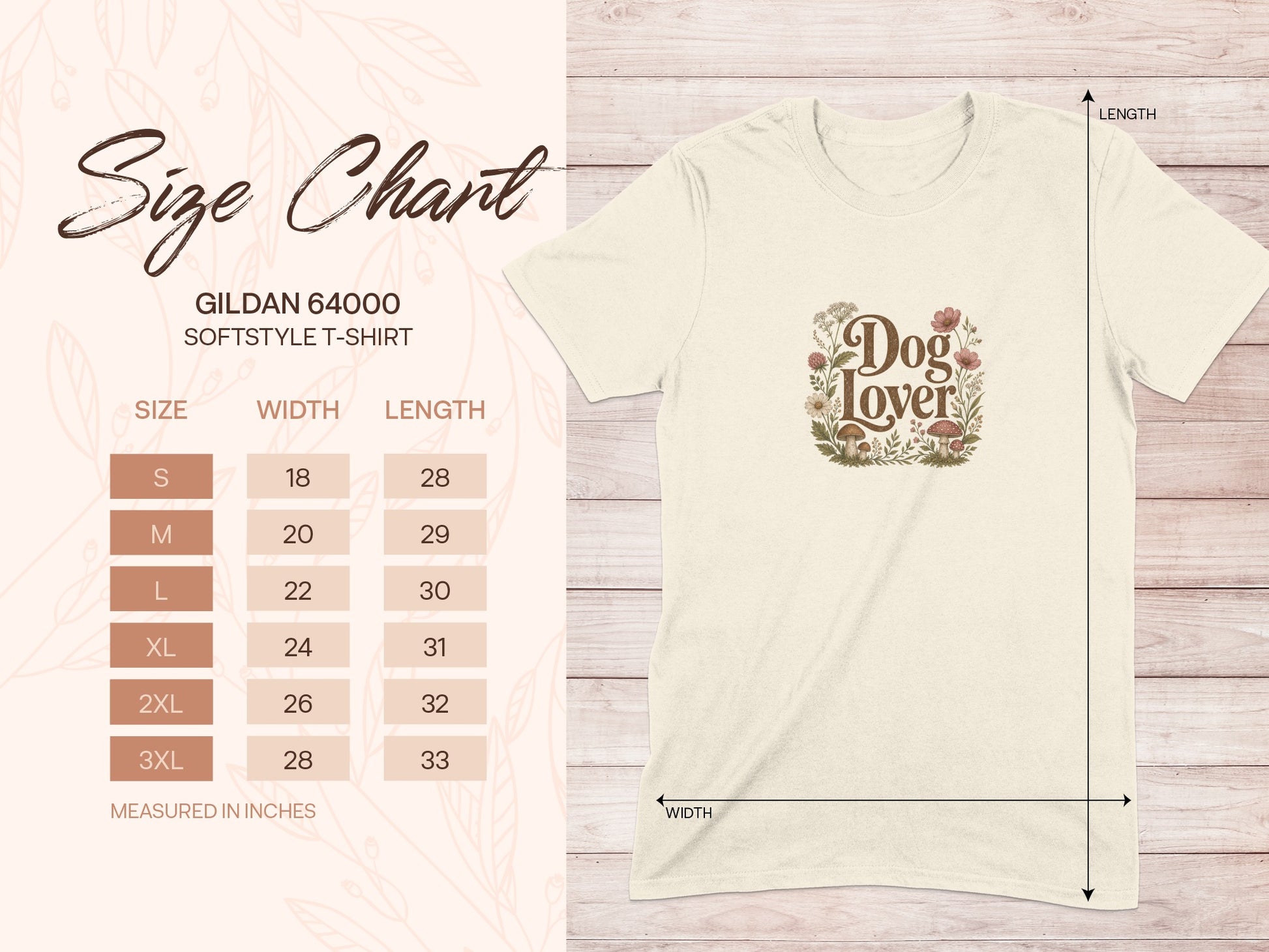 Gildan 64000 Softstyle T-shirt size chart with Dog Lover graphic.