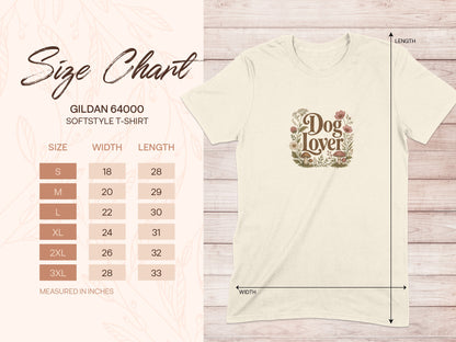 Gildan 64000 Softstyle T-shirt size chart with Dog Lover graphic.