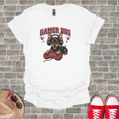 T-shirt with a dog wearing headphones and holding a game controller.