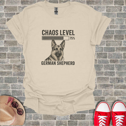 T-shirt with a German Shepherd graphic and "Chaos Level 75%" text.