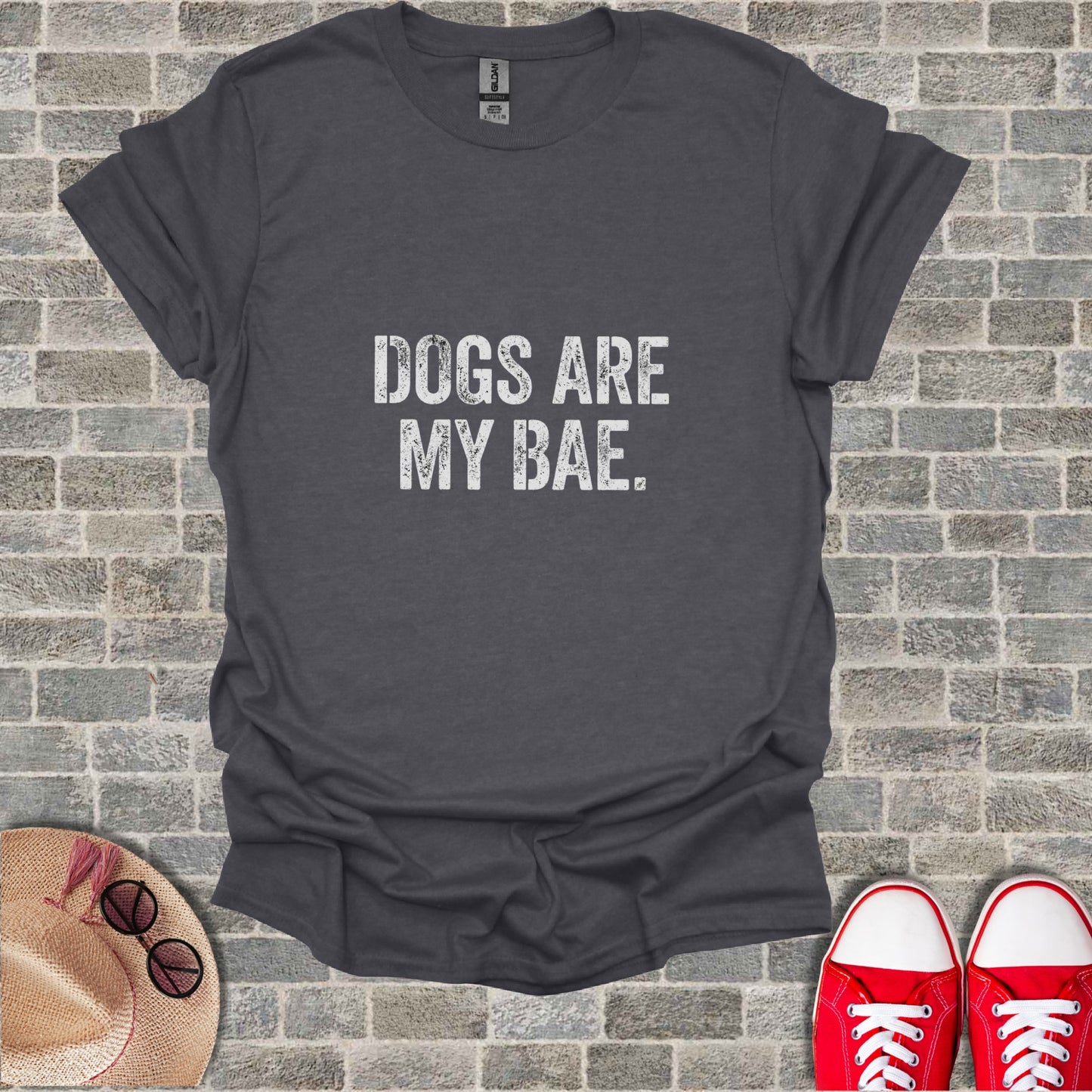 Dark grey t-shirt with "DOGS ARE MY BAE." in white block letters.