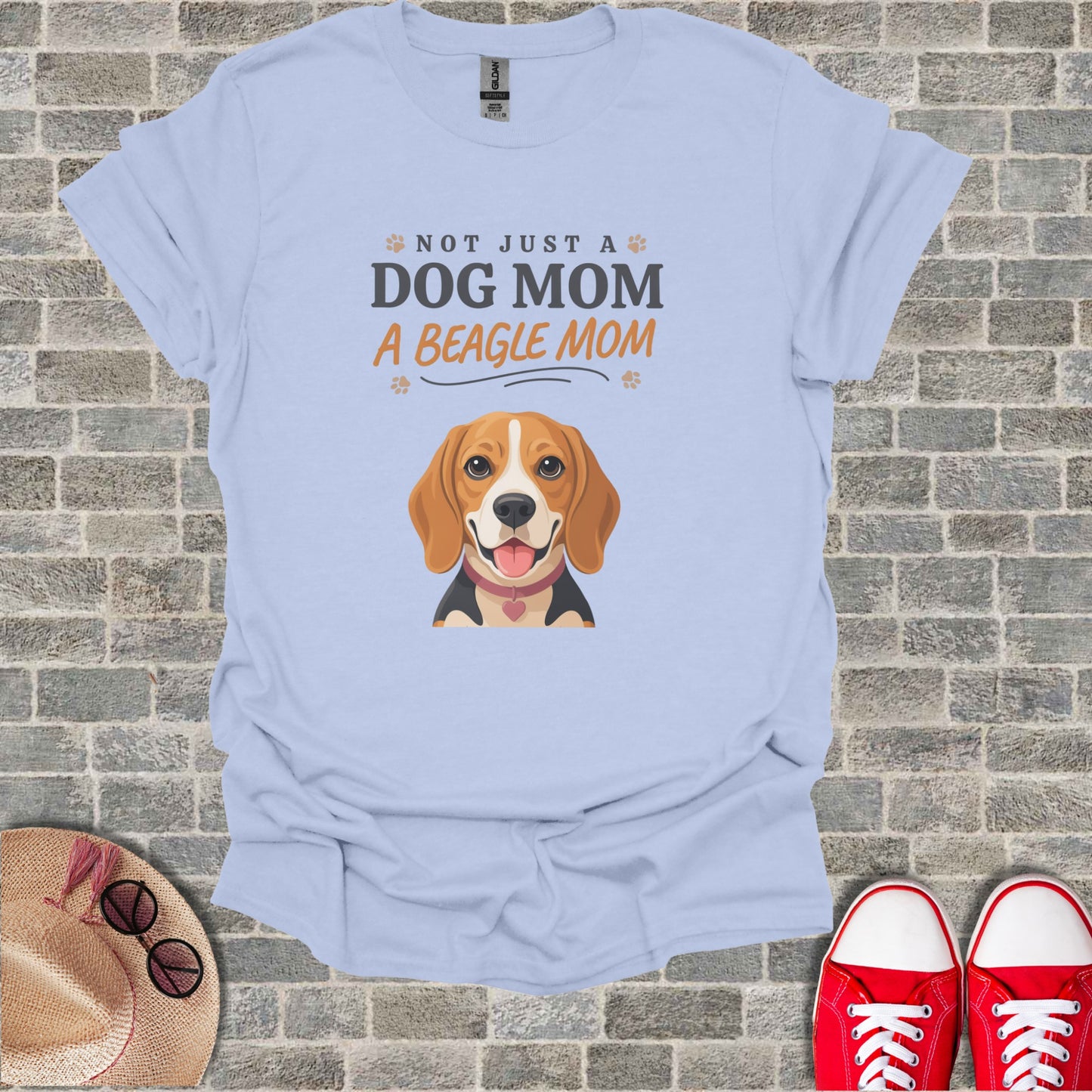 Light blue t-shirt with text "Not Just a Dog Mom A Beagle Mom" and a beagle illustration.