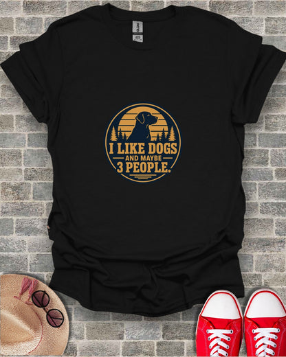 Black t-shirt with "I like dogs and maybe 3 people" text and dog silhouette.