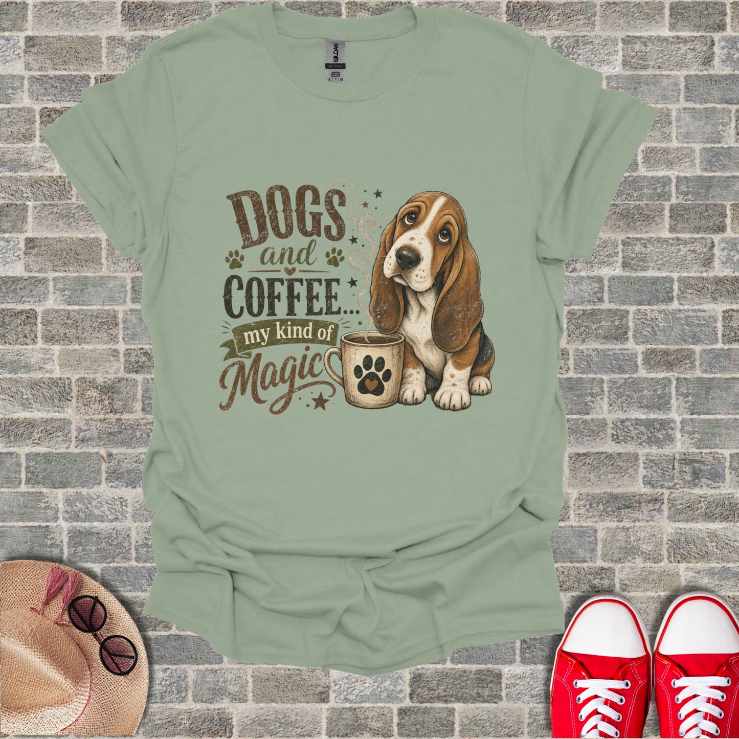 Basset hound next to a coffee cup with text "Dogs and Coffee... my kind of Magic".