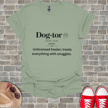 Light green t-shirt with "Dog-tor" definition text and paw print.