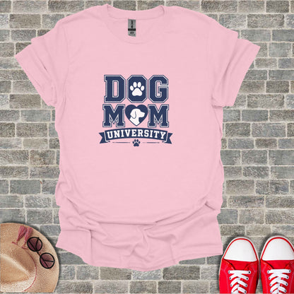 Pink t-shirt with "Dog Mom University" text and paw print.