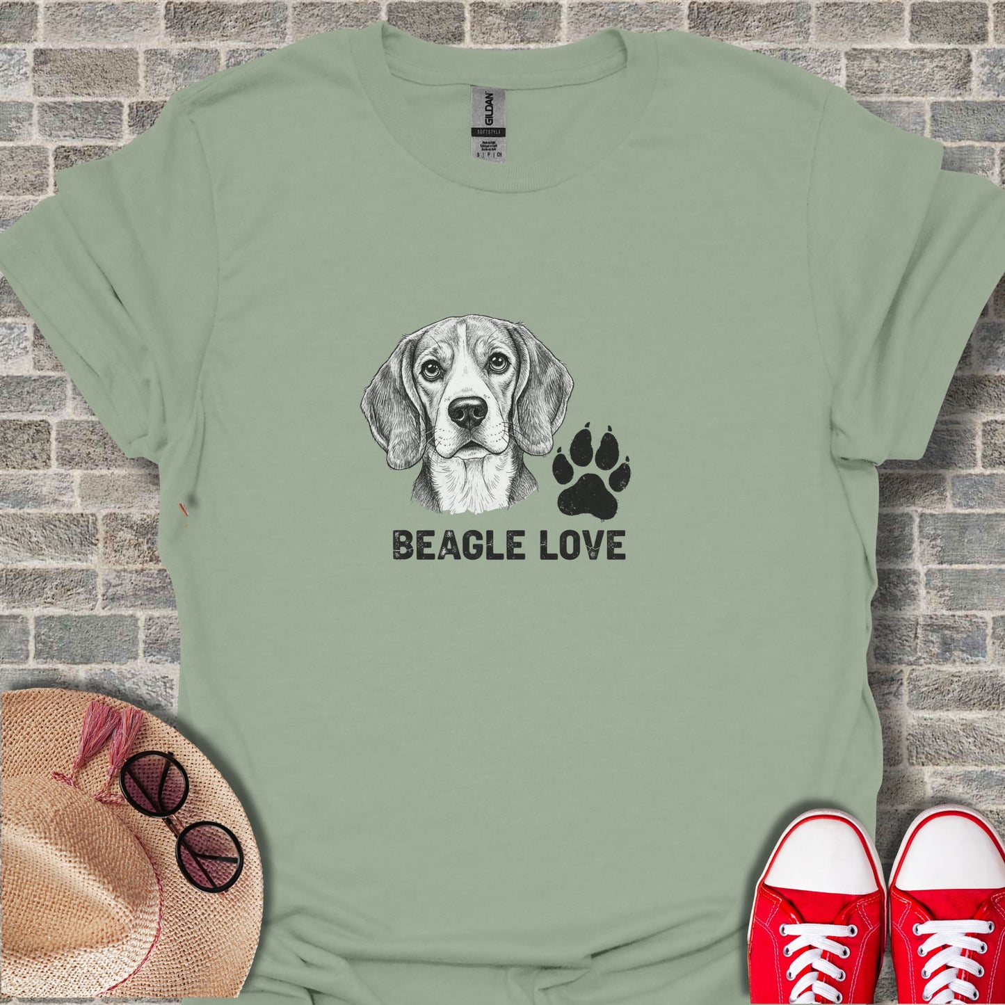 Beagle wearing bandana with paw print and "BEAGLE LOVE" text.