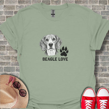 Beagle wearing bandana with paw print and "BEAGLE LOVE" text.
