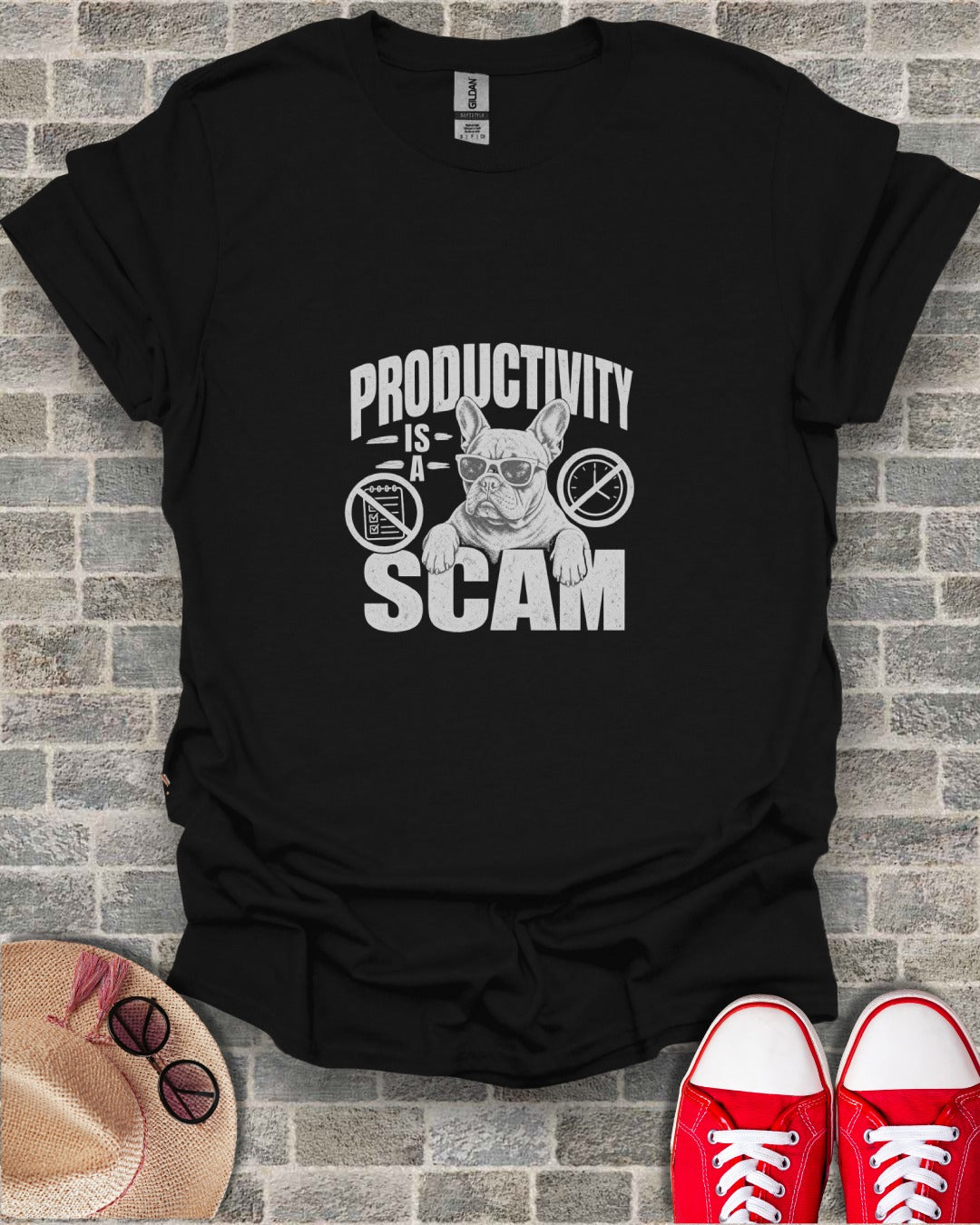 Black t-shirt with "Productivity is a scam" text and sunglasses-wearing dog graphic.