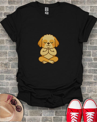 Black t-shirt with cartoon dog meditating on a brick background.