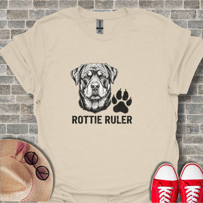 Cream t-shirt with Rottweiler head and "ROTTIE RULER" text above a paw print.