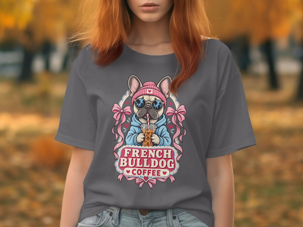 French bulldog in pink beanie and sunglasses holds coffee cup, with "FRENCH BULLDOG COFFEE" text.