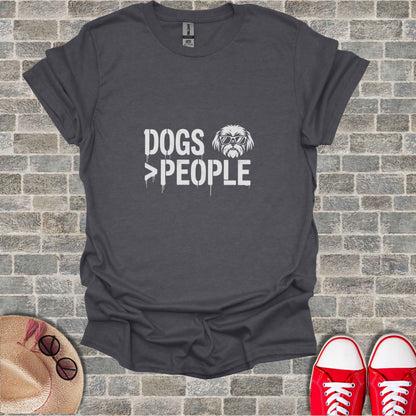 T-shirt with "Dogs > People" text and sunglasses-wearing dog graphic.