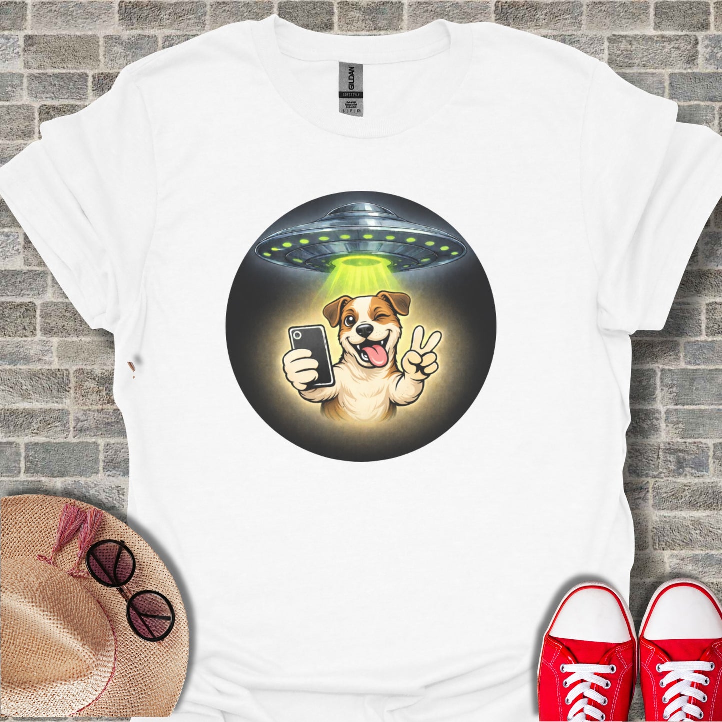 Dog Taking Selfie with UFO Illustration T-Shirt