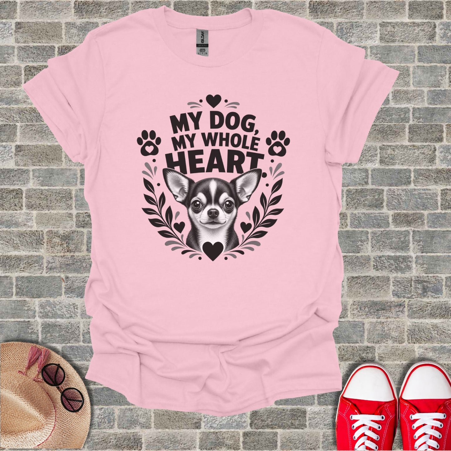 Pink t-shirt with chihuahua graphic and text "My Dog, My Whole Heart".