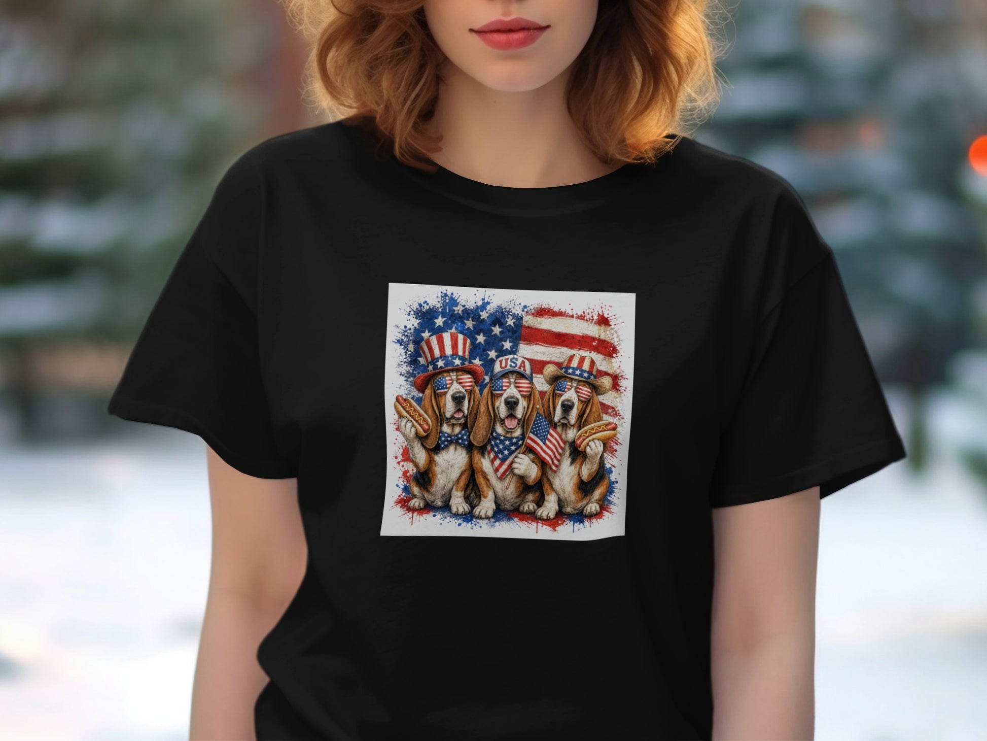 Three beagles in patriotic attire with American flags and hats.