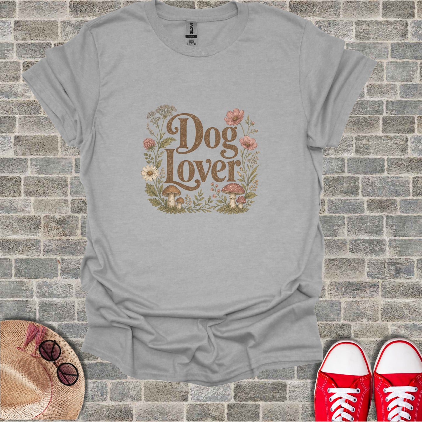 Gray t-shirt with "Dog Lover" text surrounded by flowers and mushrooms.