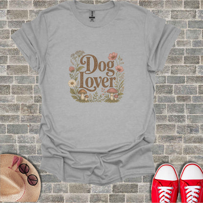 Gray t-shirt with "Dog Lover" text surrounded by flowers and mushrooms.