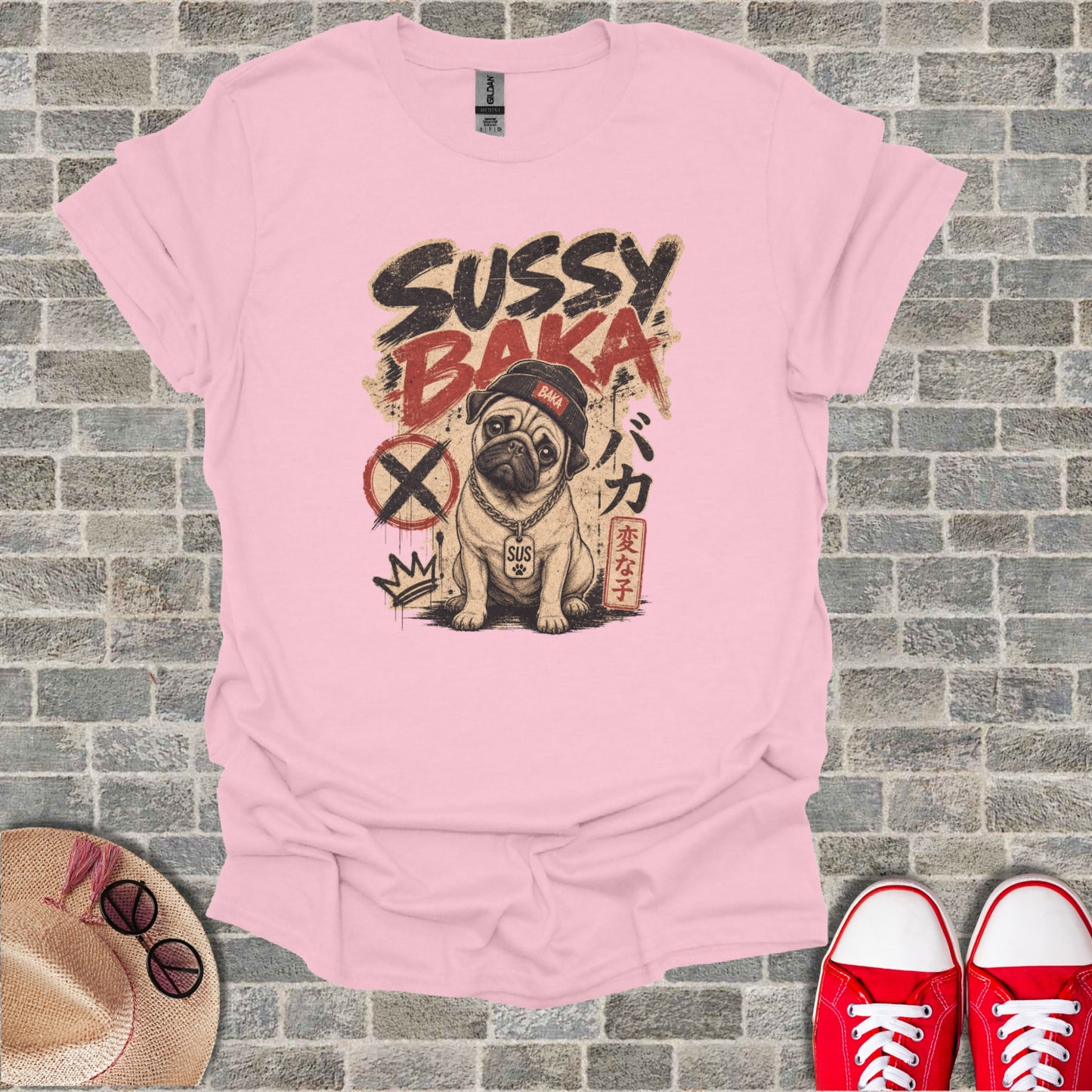 Pink t-shirt with pug wearing sunglasses and "Sussy Baka" text.