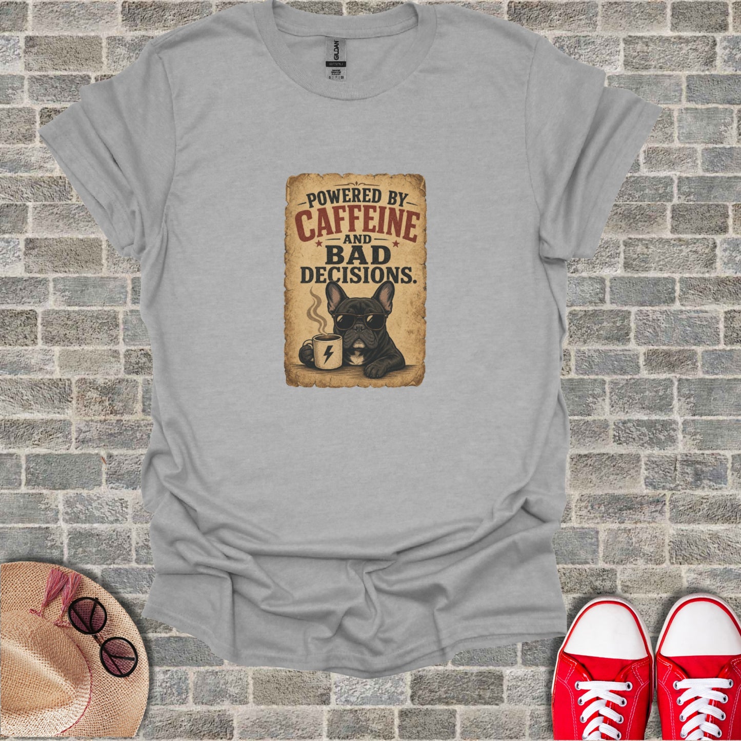 Grey t-shirt with French bulldog drinking coffee graphic and text.
