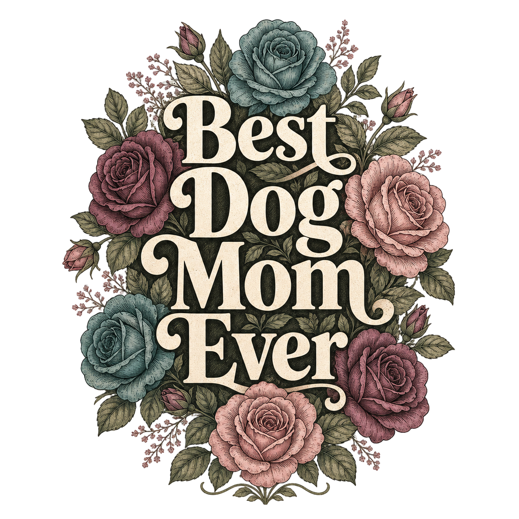 Best Dog Mom Ever text surrounded by vintage-style roses and leaves.