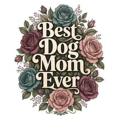 Best Dog Mom Ever text surrounded by vintage-style roses and leaves.