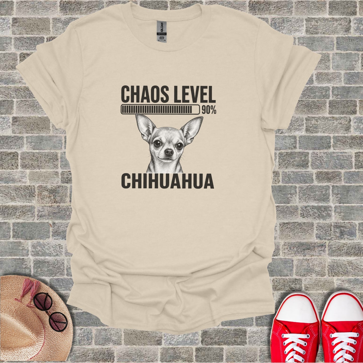 T-shirt with Chihuahua graphic and "Chaos Level 90%" text.