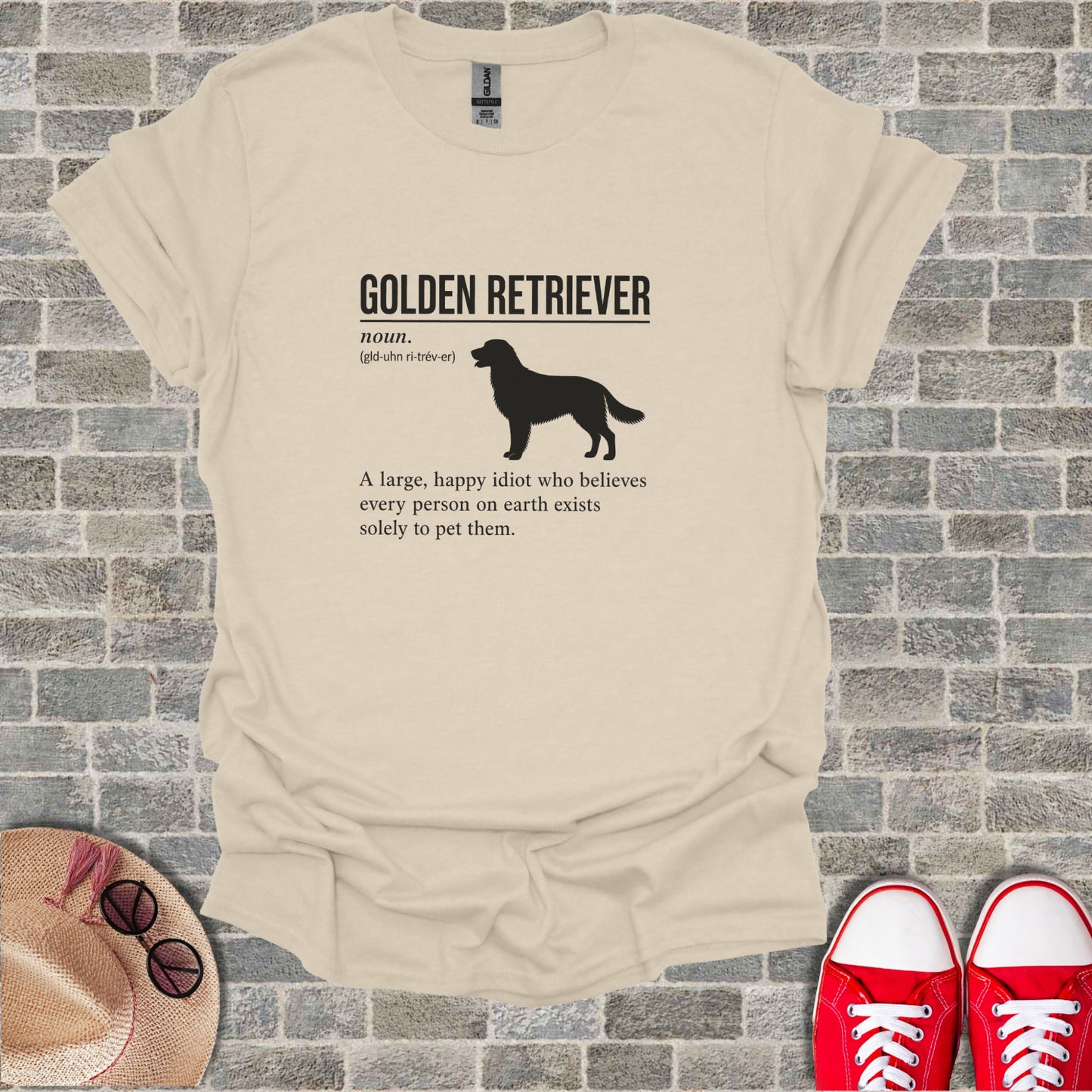 Cream t-shirt with "Golden Retriever" definition and illustration.