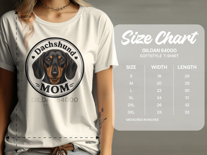Cream Gildan 64000 t-shirt with dachshund mom graphic and size chart.