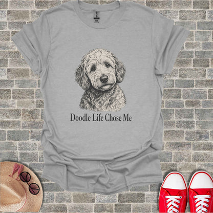 Grey t-shirt with etched doodle dog and text "Doodle Life Chose Me".