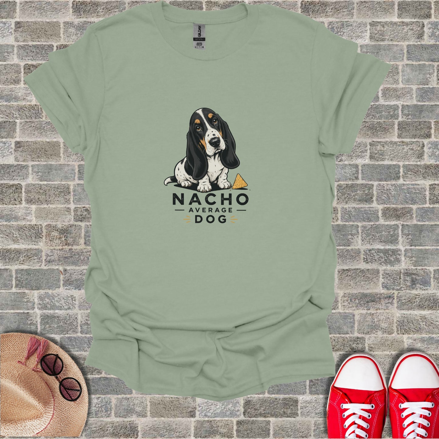 T-shirt with "Nacho Average Dog" text and a Basset Hound graphic.