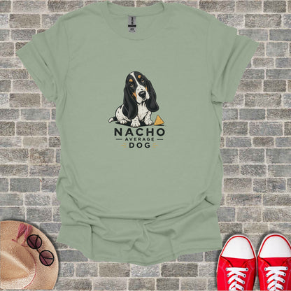 T-shirt with "Nacho Average Dog" text and a Basset Hound graphic.