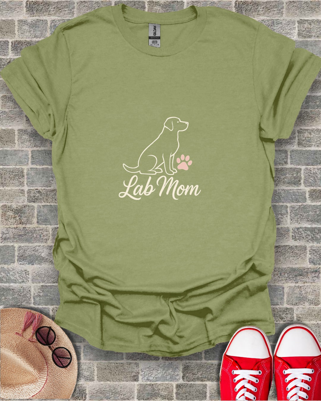 Olive green t-shirt with a white outline of a Labrador and "Lab Mom" text.