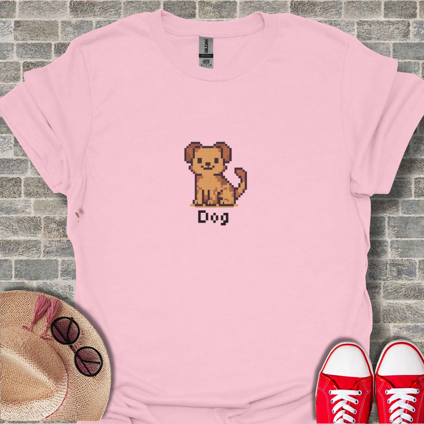 Cute Pink T-Shirt with Pixel Dog Graphic Retro Style