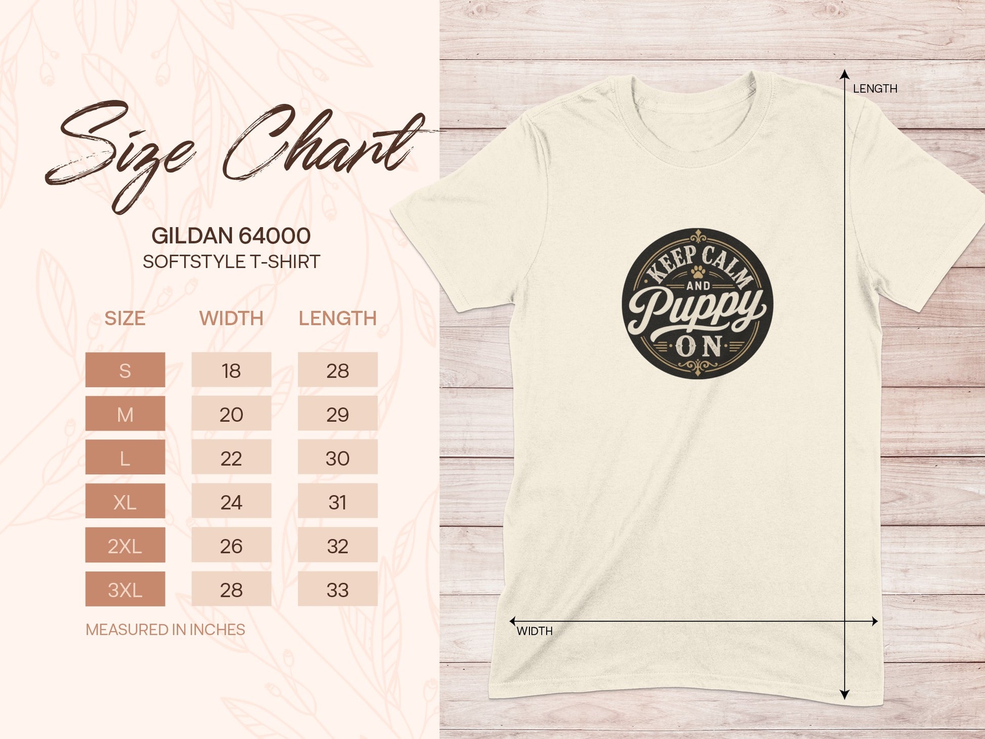 Gildan 64000 size chart for softstyle t-shirts with measurements.