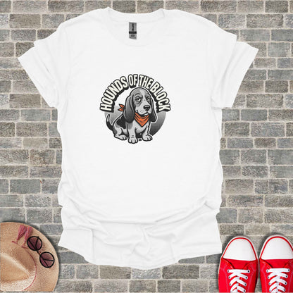 White t-shirt with a "Hounds of the Block" logo featuring a cartoon basset hound.