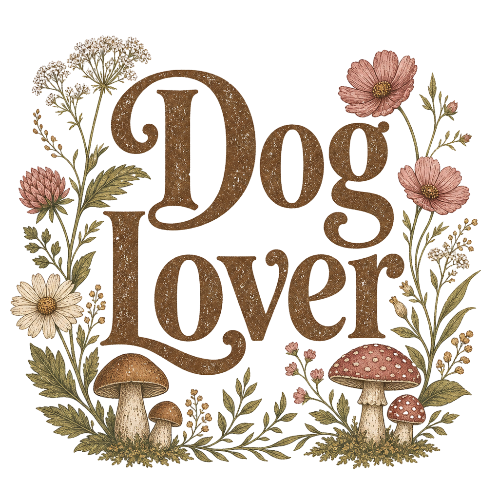 "Dog Lover" text surrounded by mushrooms, flowers, and greenery.
