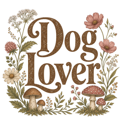 "Dog Lover" text surrounded by mushrooms, flowers, and greenery.