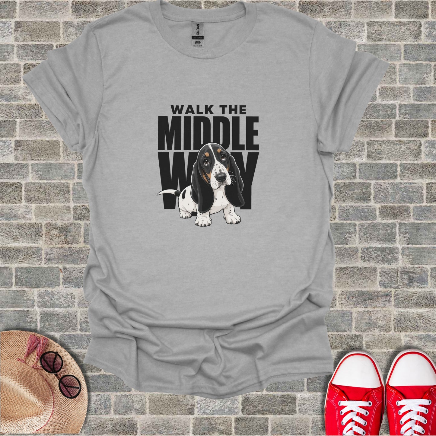 Gray t-shirt with Basset Hound and "WALK THE MIDDLE WAY" text.