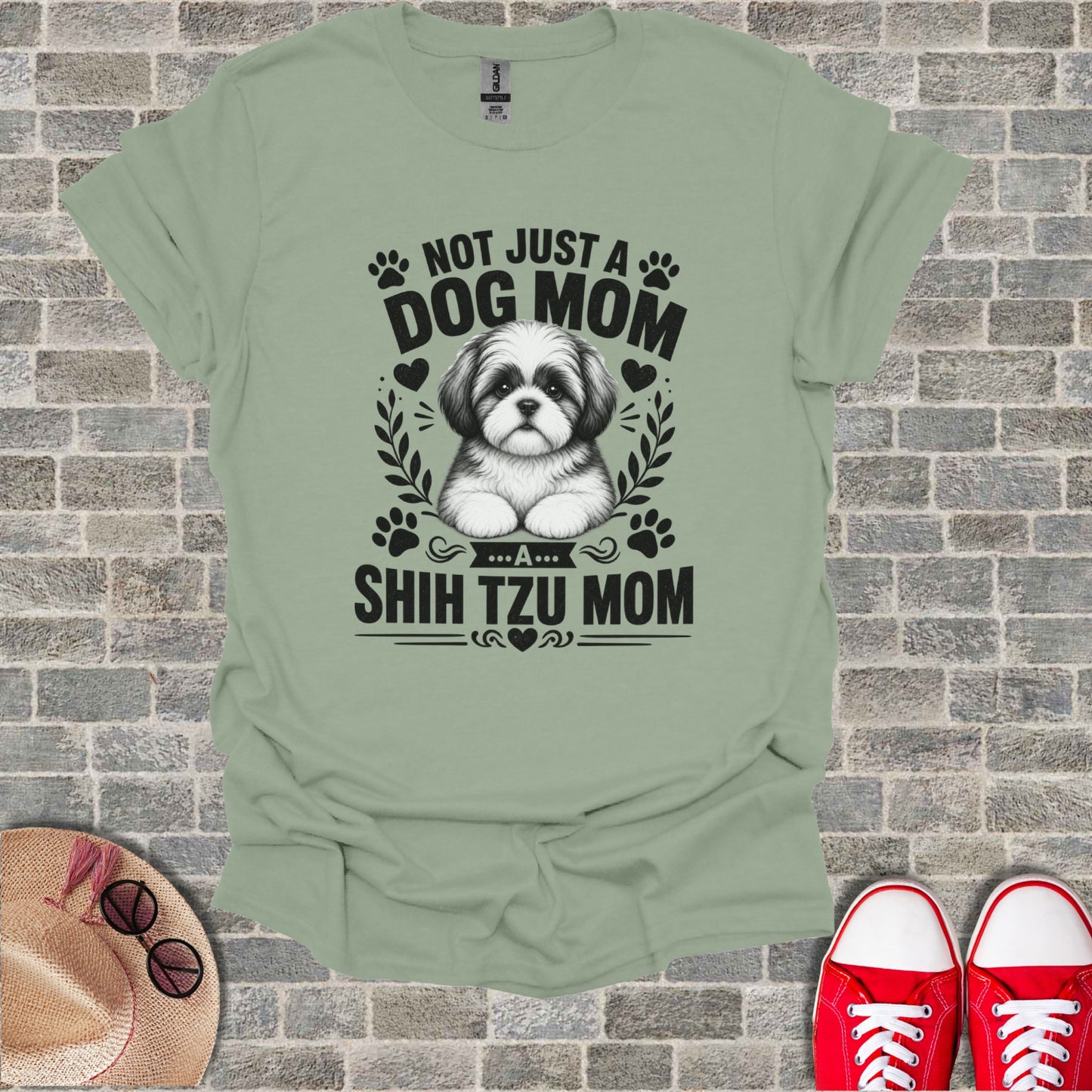 Light green t-shirt with "Not Just a Dog Mom Shih Tzu Mom" and a dog graphic.