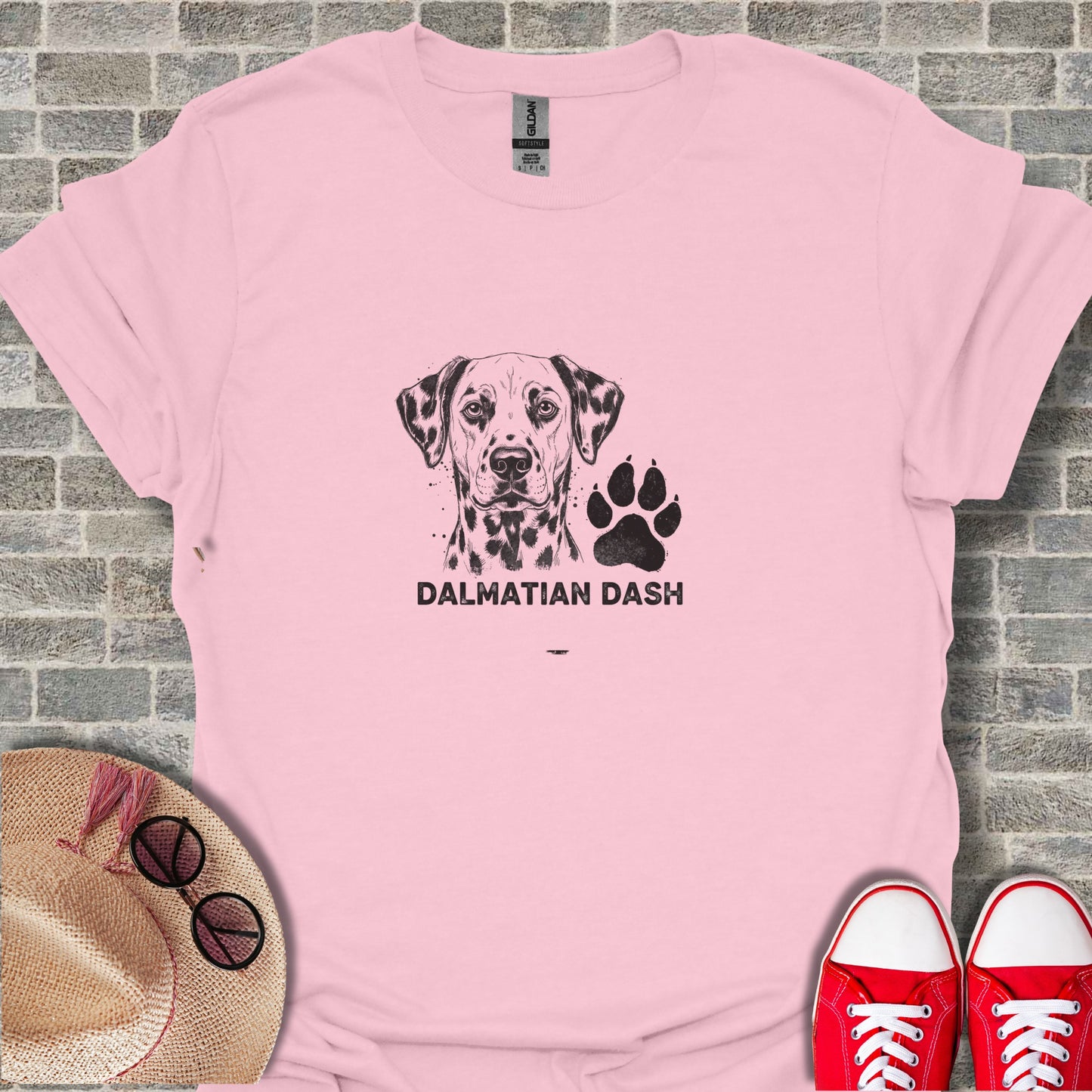 Pink t-shirt with Dalmatian illustration and "Dalmatian Dash" text.