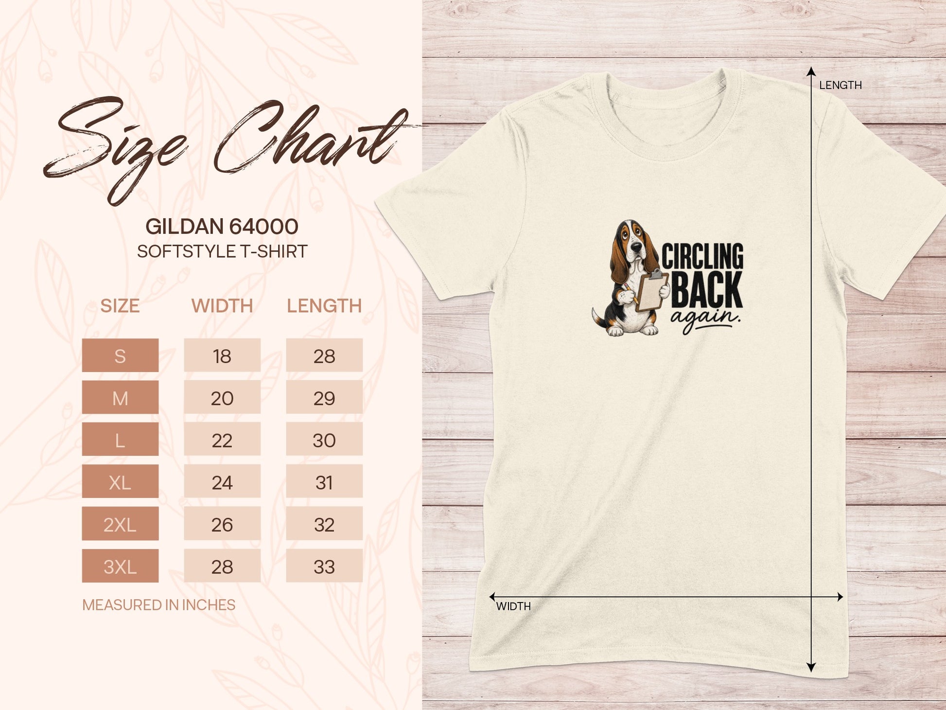 Gildan 64000 size chart with shirt graphic featuring text "Circling back again."