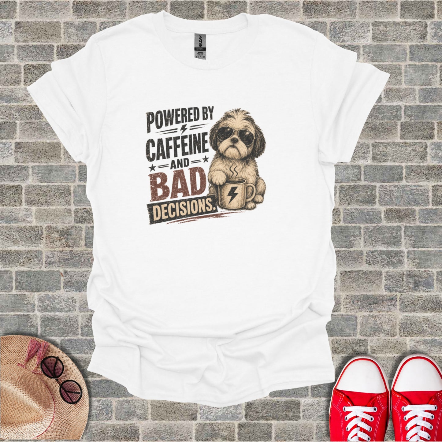 White t-shirt with graphic of a dog wearing sunglasses holding a coffee mug.