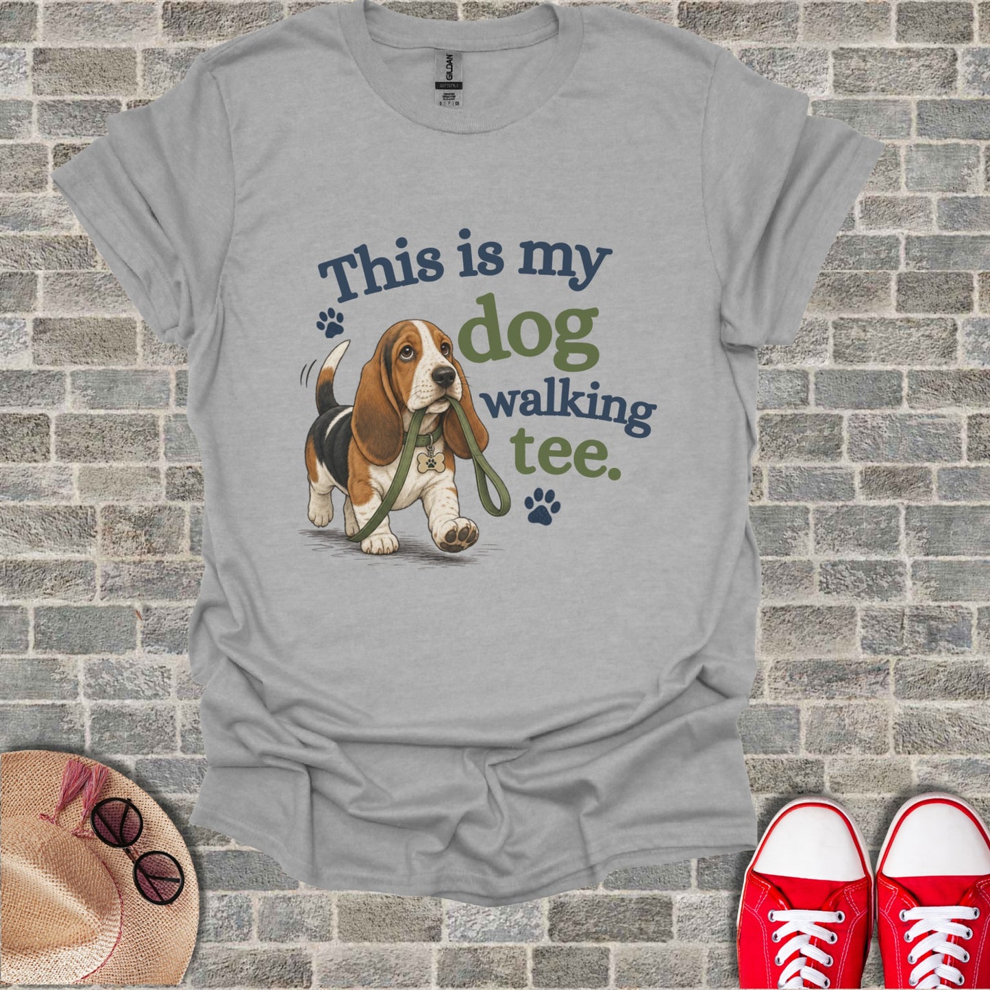 T-shirt with "This is my dog walking tee" and a Basset Hound graphic.