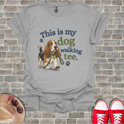 T-shirt with "This is my dog walking tee" and a Basset Hound graphic.