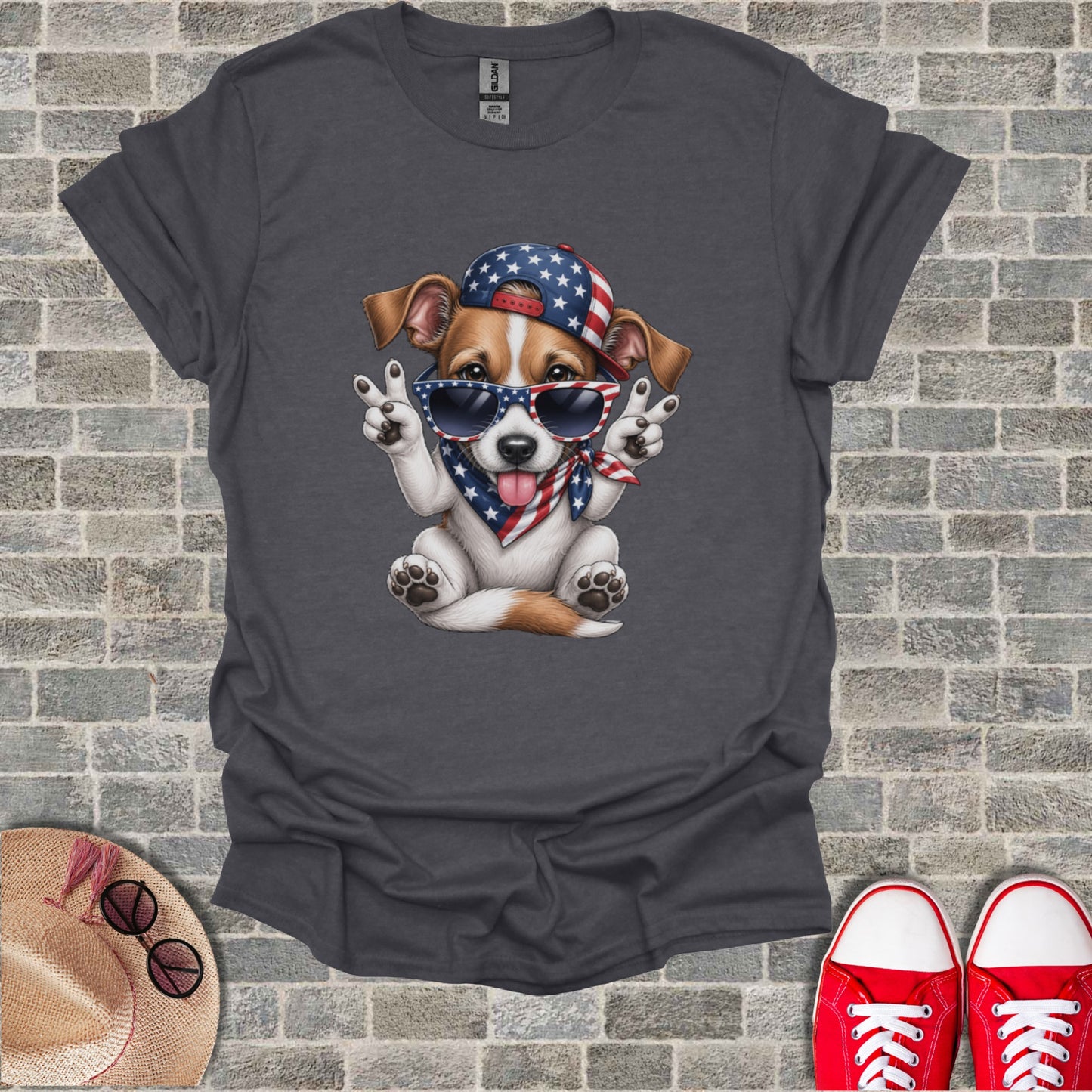 Dog wearing sunglasses, bandana, and baseball cap giving peace signs.