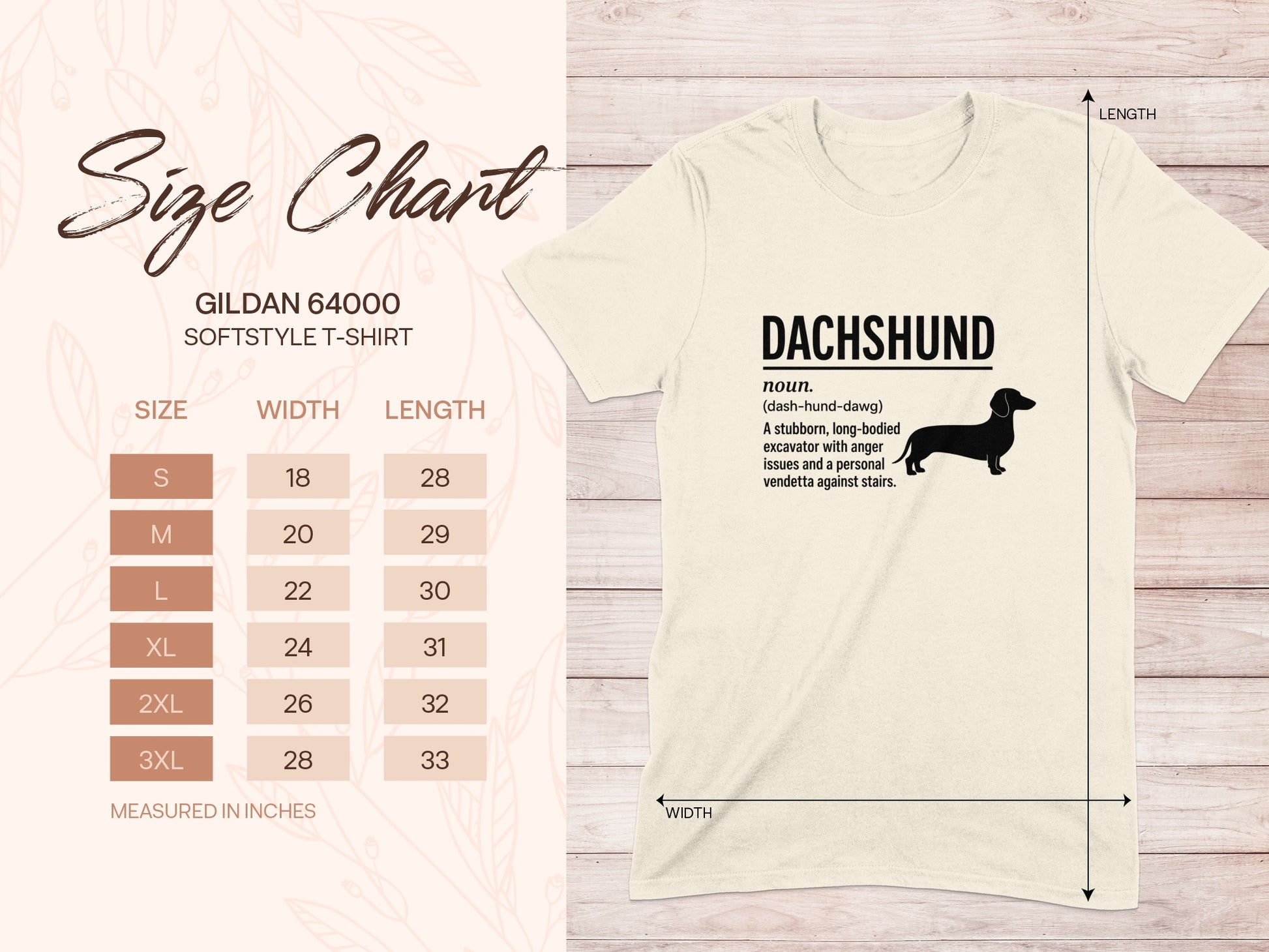 Gildan 64000 t-shirt size chart with Dachshund graphic and definition.