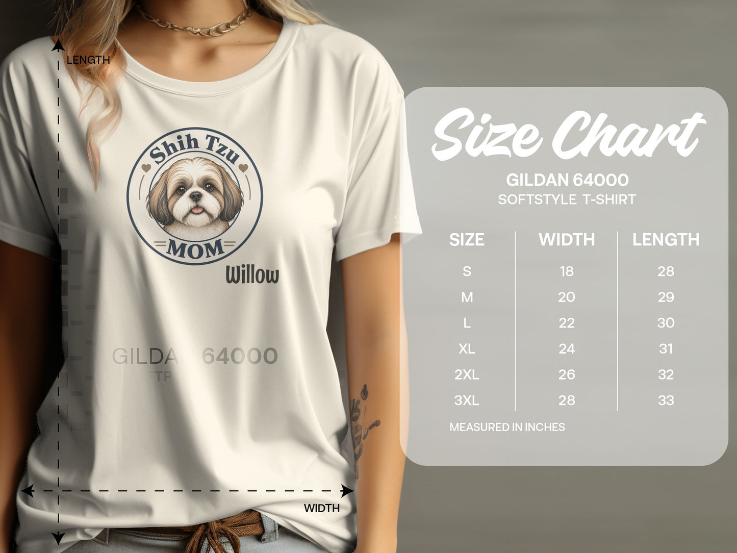 Shih Tzu Mom t-shirt with size chart for Gildan 64000 softstyle shirt.