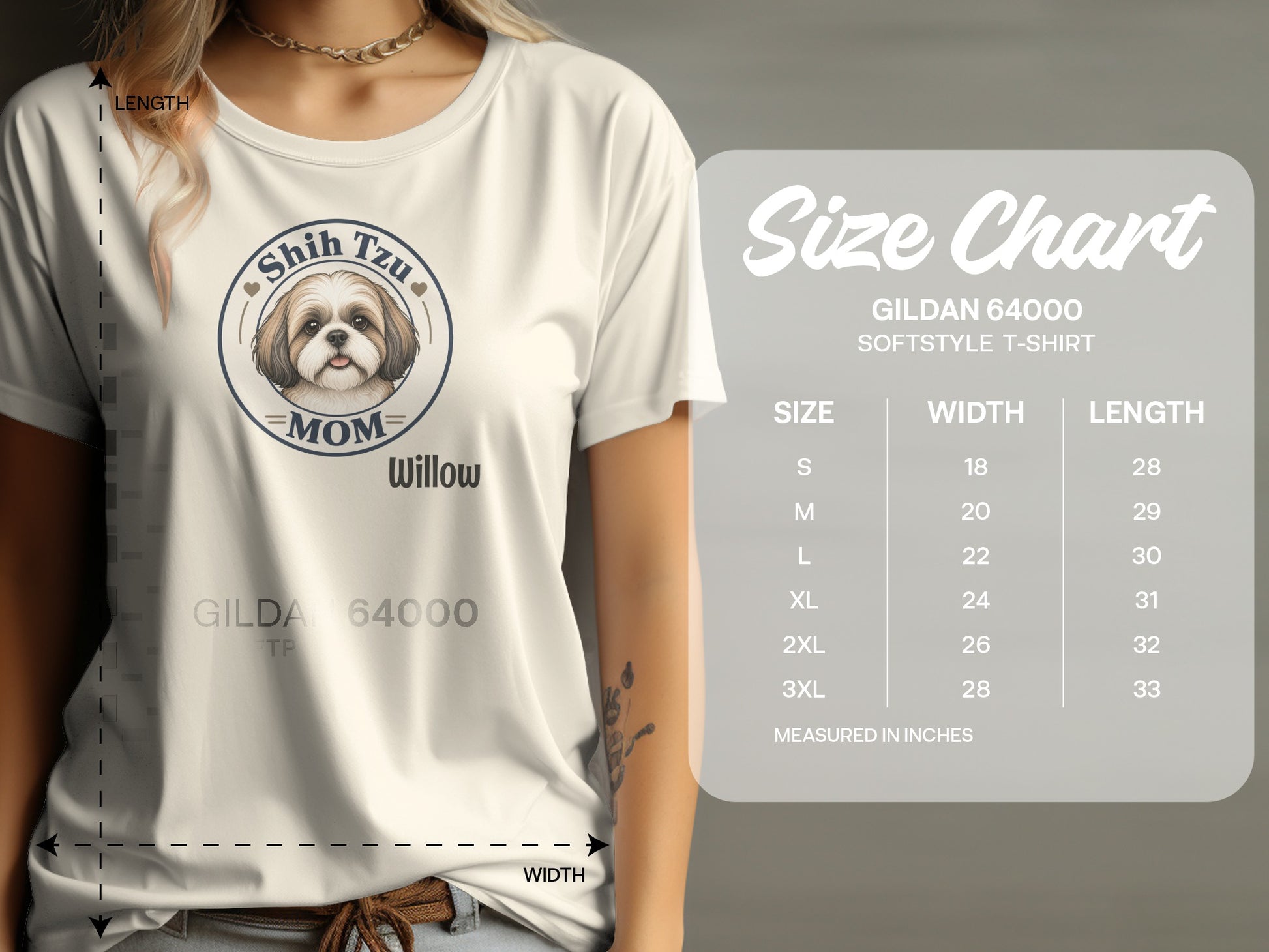 Shih Tzu Mom t-shirt with size chart for Gildan 64000 softstyle shirt.