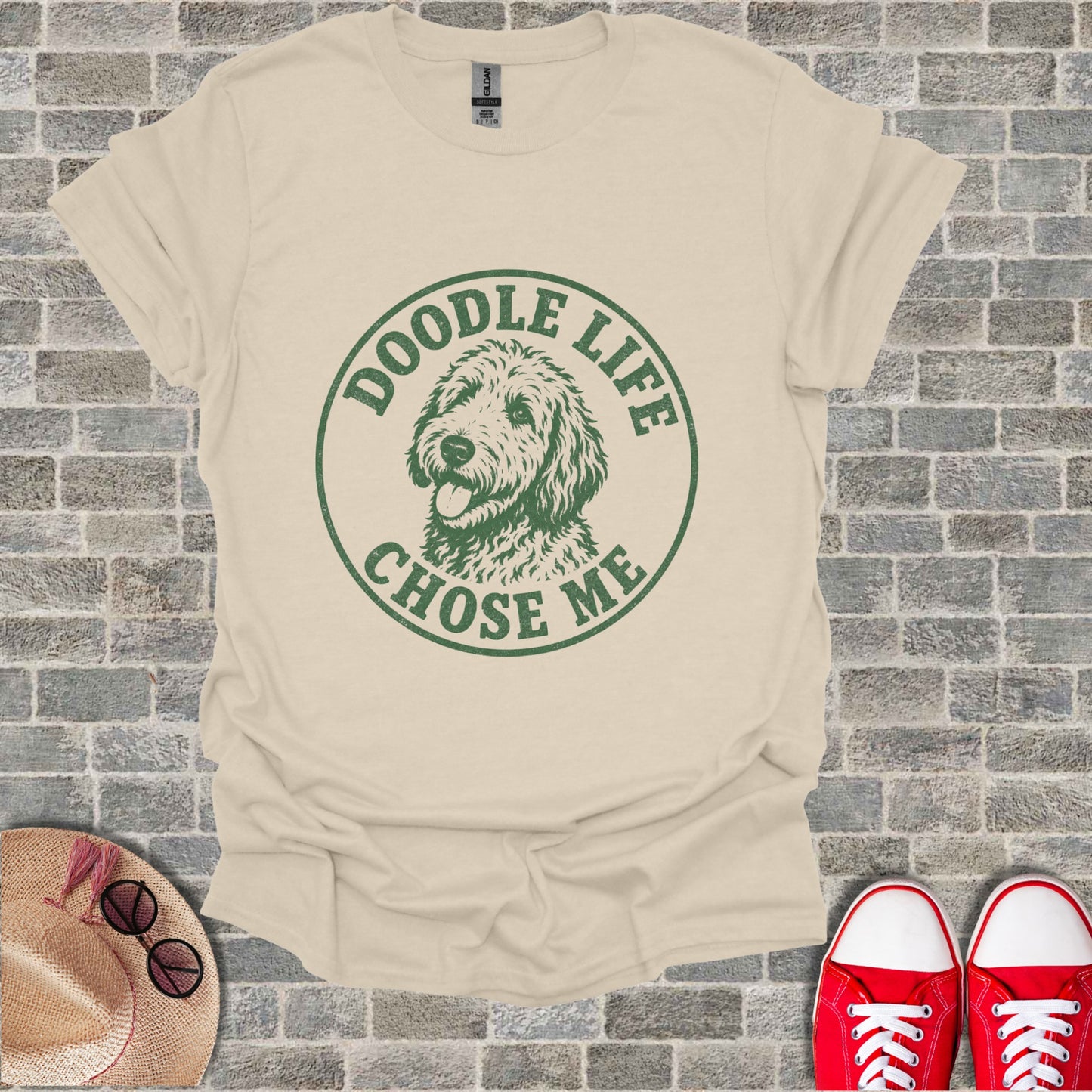 Cream t-shirt with green distressed graphic of a doodle dog and text: "Doodle Life Chose Me".